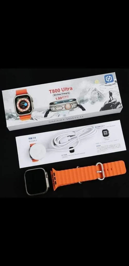 T800 Ultra 1.99" Infinite Display Smartwatch, Orange Strap, BT Calling, Notifications, Heart Rate, Sports Mode, Sleep Monitoring, Walking, Running, Cycling with Wireless Charging