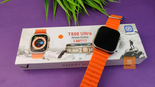 T800 Ultra 1.99" Infinite Display Smartwatch, Orange Strap, BT Calling, Notifications, Heart Rate, Sports Mode, Sleep Monitoring, Walking, Running, Cycling with Wireless Charging